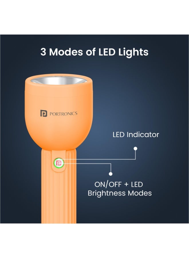 Portronics Eco Glow LED Torch Light with USB Rechargeable Battery, Dual-Brightness Levels, SOS Emergency Light Mode, Long Distance Flashlight, for Home, Outdoor, Camping, Travel (Orange) - Image 2